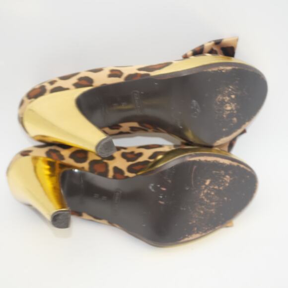 Coach Women's 8 Leopard Print Satin Peep Toe Gold Heels Daisey - Picture 11 of 11